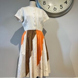 Vintage Brown and Orange Geometric Midi Dress